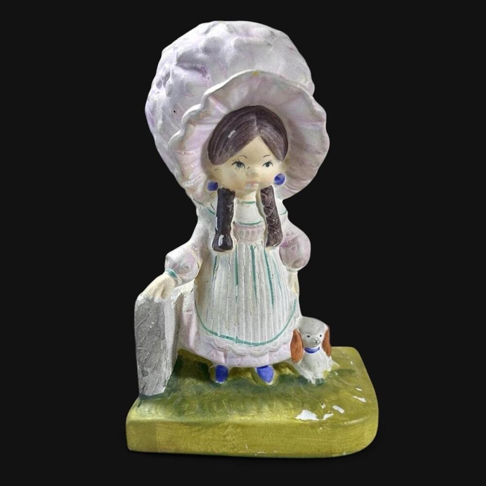 🚨VINTAGE Hippie 1972 Holiday Fair NYC Young Girl w/ Cat Figurine Chalkware